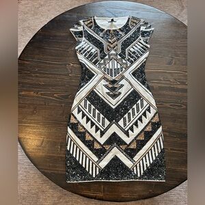 Express Black, White & Gold Geometric Sequin Bodycon Dress